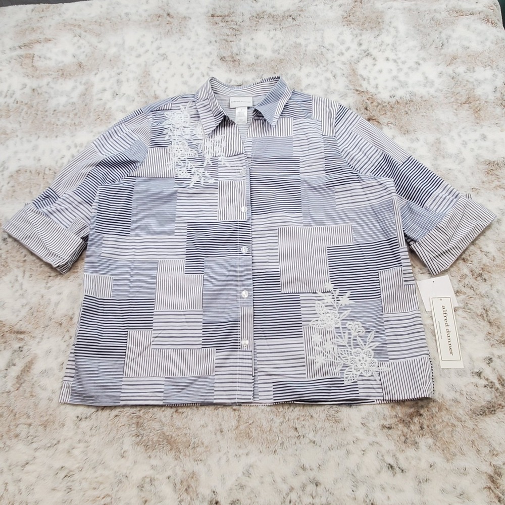 NEW Alfred Dunner Womans L Shirt A Fresh Start Embroidered Striped Patch Button